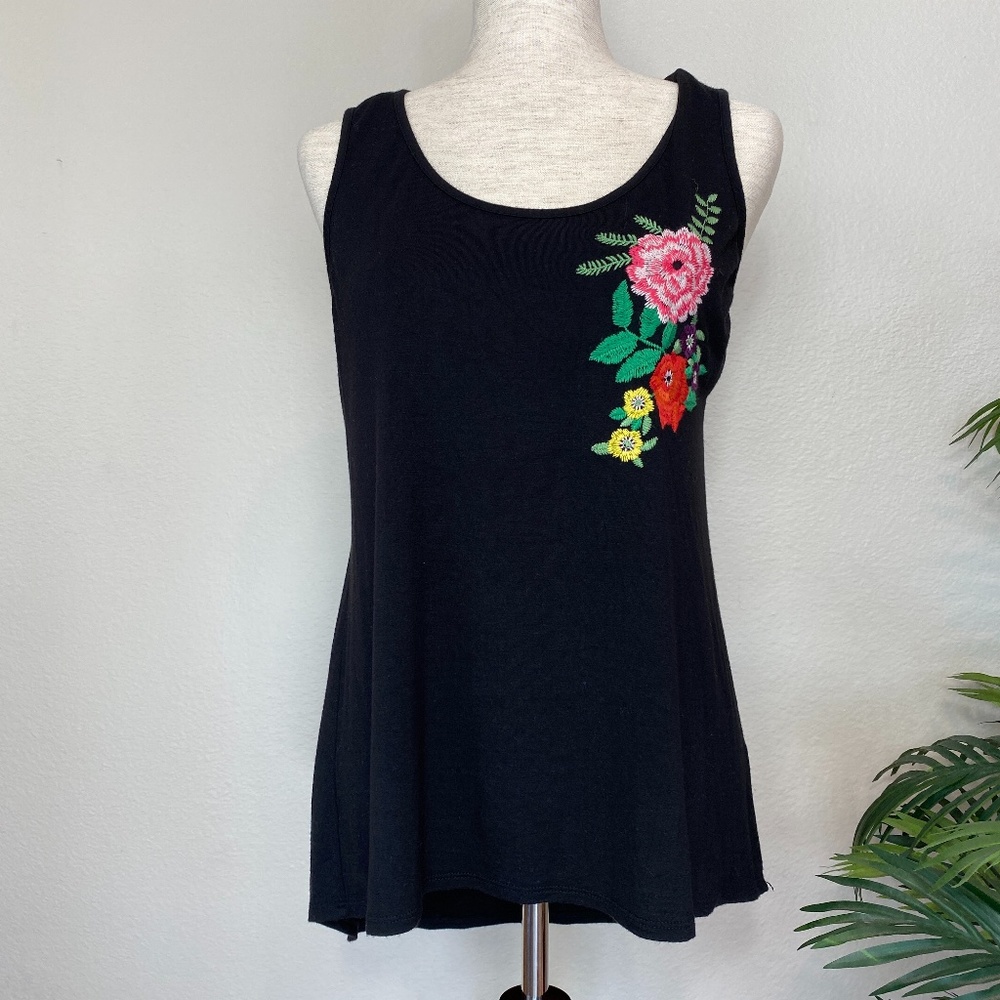 Anthropologie black tank top w/ floral embroidery